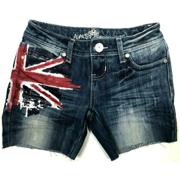 ALMOST Famous Women's Cut-off Denim Shorts Size 00 Union Jack Graphic - Picture 1 of 3